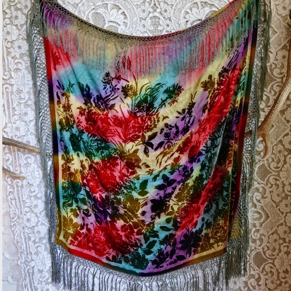 Rainbow Ombre Silk Velvet Burnout Piano Shawl